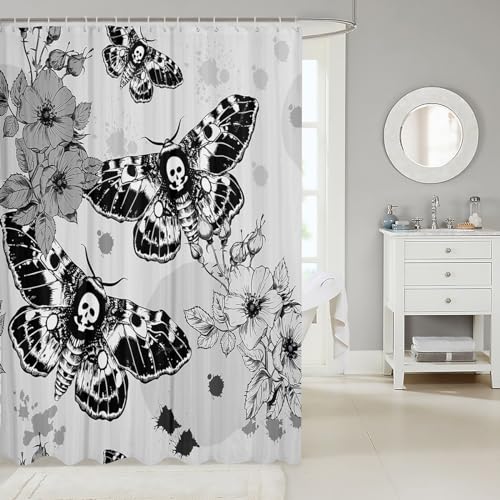 Image of Death Moth Bath Curtain Floral Print Shower Curtain For Kids Children Teens Gothic Skull Cloth Fabric Bathroom Decor Skeleton Bones Shower Curtain with Hooks Retro Vintage Bedroom Decor 72x72 Inch