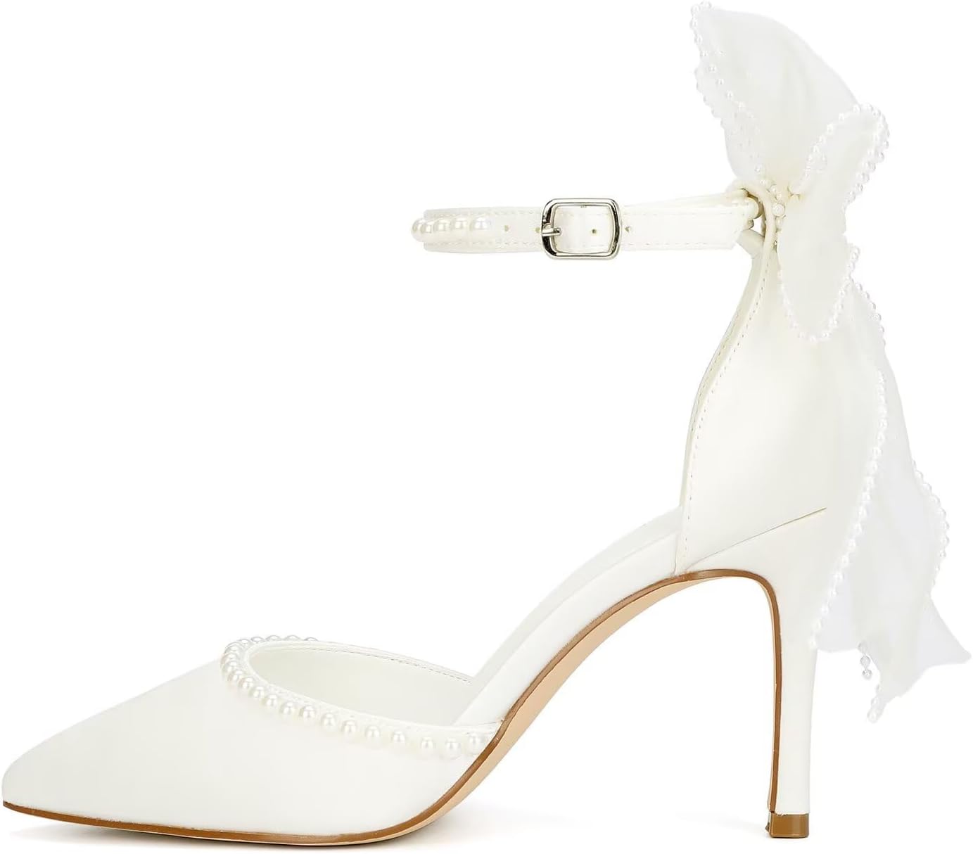 Women’s Bow Tie Back Heels Pearl Wedding Shoes for Bride Closed Toe Bridal Shoes - Image 3