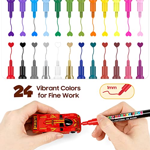 Supkiz Paint Marker Pens, 24 Colors Fine Point Oil-Based Waterproof Fancy Markers, Quick Dry Permanent Push Pen For Engineer Fine Work, Mark Metal, Tire, Rock, Wood, Fabric, Canvas, Glass, Diy Craft #TOP1