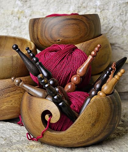 Image of Furls Handmade Wooden Yarn Bowl for Knitting and Crochet in Teakwood (Large (7 inch x 7 inch x 5 inch))