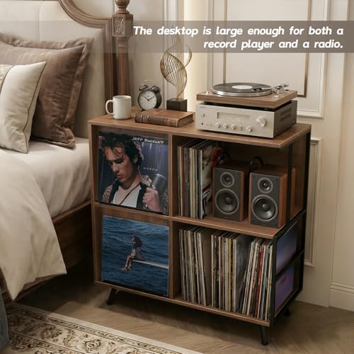 Image of Faesun 3 Tier Flip Top Record Player Stand, Vinyl Record Storage Holds up to 300+ Albums, Large Record Player Cabinet, Vintage Turntable Stand with Vinyl Display, for Living Room Bedroom, Walnut