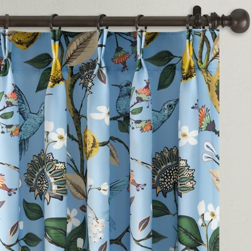 Image of Light Blue Rustic Pinch Pleated Curtains 96 Inches Long for Living Room Bedroom Blackout Vintage Art Deco Anthropologie Vintage Floral Lemon Hummingbird Drape 2 Panels