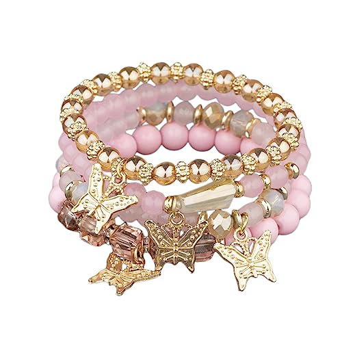 4Pcs Set Bohemian Butterfly Crystal Stone Stretch Pendant Bracelets for Women Gold Beaded Stackable Stretch Bracelet Colorful Charm Jewelry Boho Summer Beach