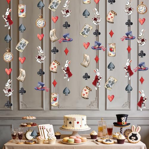 Image of Vintage Wonderland Party Decorations Retro Bunny Poker Pocket Watch Mad Hat Hanging Streamer Garland Banner for Vintage Easter Spring Birthday Wedding Shower Bachelorette Tea Party Decor Supplies