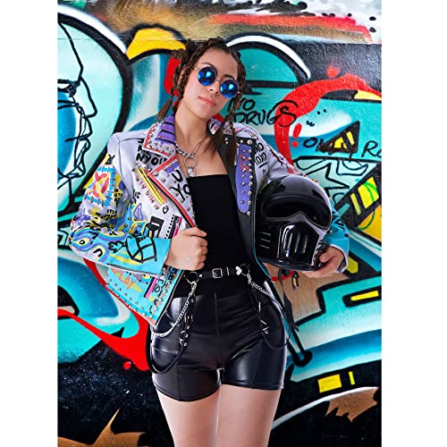 DARKSHE Women's Faux Leather PU Jacket, Graffiti Studded Rivet Punk Biker Moto Fashion Coat with Long Sleeve3