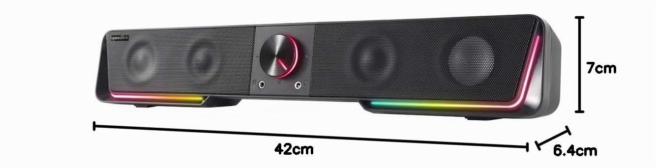 Speedlink Gravity RGB Stereo Soundbar - Altoparlante con connessione Bluetooth per smartphone/tablet - Illuminazione RGB - jack per cuffie e microfono, nero