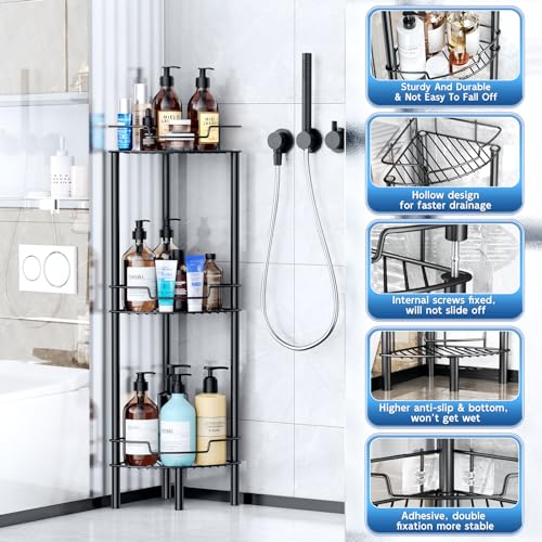 Image of Detukna Corner Shower Caddy, 3 Tier Shower Organizer Shelf for Inside Shower, Stainless Steel Floor Corner Shower Bathroom Shelves Stand Rack for Bathroom Balcony Kitchen, No Drilling, Black