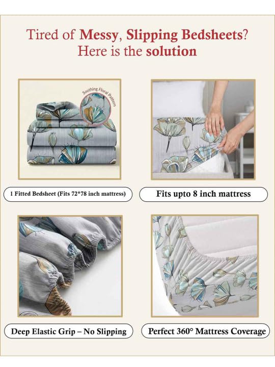 Image of 380 TC Premium Glace Cotton Elastic Fitted Bedsheet King Size with 2 Pillow Covers King Size | Double Bed with All Around Elastic (White Floral Print, Fitted - 72 inchx78 inch King)