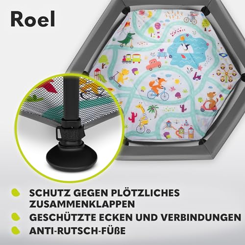 LIONELO Roel Laufstall Baby bis zu 15 kg, Großformat 118 x 118 x 83 cm, sechseckige Form, LockGuard Faltschloss, verstärkte Basis, rutschfeste Fußkappen, Schutztasche (Grau)