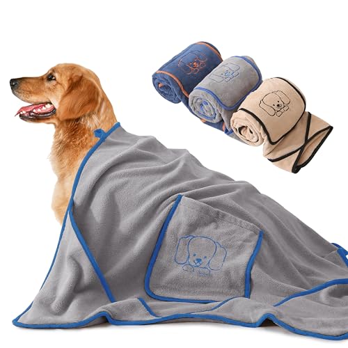Fullove Dog Towel, Super Absorbent Large Pet Towel 51inch*31inch with Hand Pockets, Microfiber Quick Drying Dog Towels for Drying Dogs (pessimista)