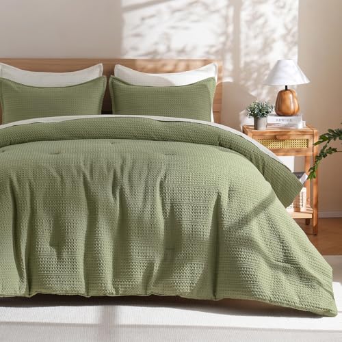 Image of PHF Soft Waffle Comforter Set King Size- Comfy Breathable Waffle Weave Comforter with 2 Pillow Shams, 3 Pieces Less Snagging Lightweight Textured Bedding Set for All Season, Olive Green
