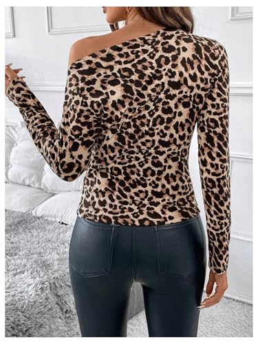 Floerns Women's Leopard Print Long Sleeve Tee Shirt Asymmetrical Neck Slim Fit Tee Tops2