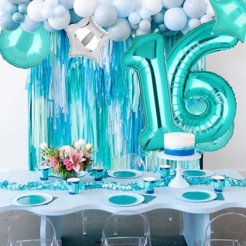 Image of Teal Blue Number 16 Balloons 40 Inch 16th Birthday Anniversary Theme 5 Pcs | Big Helium Mylar Digital Balloon Mermaid Wedding Party Decor Supplies