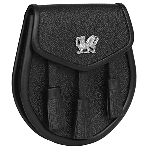 Image of Scottish Original Leather Sporran with Leather Belt & Chain (Black Leather Celtic Welsh Dragon Sporran)