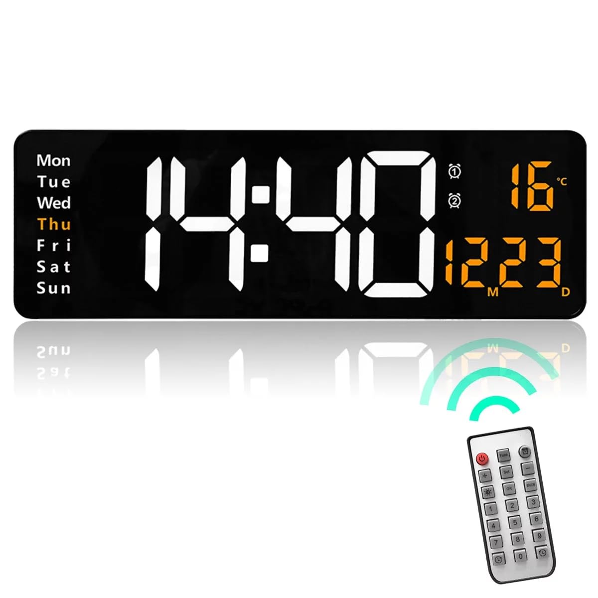 LOVEQI Large Digital Wall Clock with Remote Control, Modern Rectangular Alarm Clock with 16 Inch LED Display, Dimmable Wall Mounted Digital LED Clock for Home, Office and Gym (Orange)