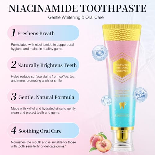 Image of Niacinamide Whitening Toothpaste, 2 Pack Intensive Stain Removal Toothpaste for Yellow Teeth, Gum Care, Fresh Mint & Peach Breath, Tartar Control, Deep Clean for Men and Women, 3.5oz