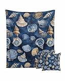 Navy Blue Coastal Throw Blanket Set with 2 Square Pillow Covers, Nautical Summer Beach Shell Conch Soft Cozy Flannel Blankets for Couch, 40'x 50' Bed Blanket & 18'x 18' Decorative Pillowcase