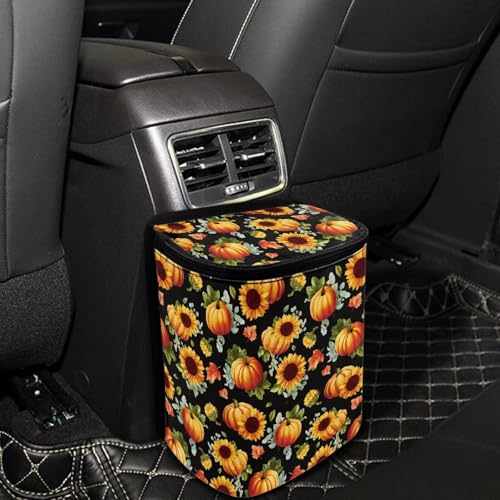 Image of Talayituse Sunflower Pumpkin Maple Leaves Print Car Trash Can with Adjustable Straps, Thanksgiving Decor Car Trash Bag Bin Car Garbage Bag Multipurpose Storage Box for Vehicle Travel Camping Picnicing