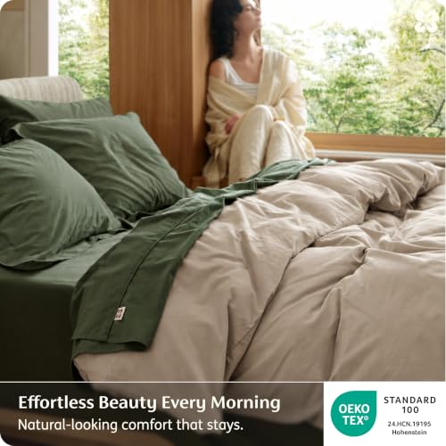 Image of Bedsure PureWoven 100% Washed Cotton Duvet Cover Only, King, Frosted Almond | 1 Duvet Cover, No Pillow Shams, Linen Like Textured, Lightweight & Breathable for All Seasons, Zipper Closure, 8 Corner Ties