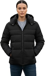 جاكيت شتوي منفوخ، معطف اسود بغطاء للرأس، ملابس خارجية مبطنة دافئة مع سحاب امامي للاغلاق