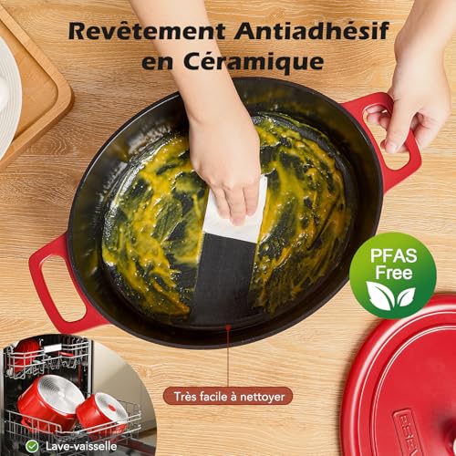Cocotte Fonte Induction 11 litres 38cm Ovale Faitout en Fonte d’Aluminium avec Revêtement Céramique Antiadhésif, Marmite avec Couvercle, Idéale pour les Grandes Familles, Four et Gaz, Rouge – Image 3