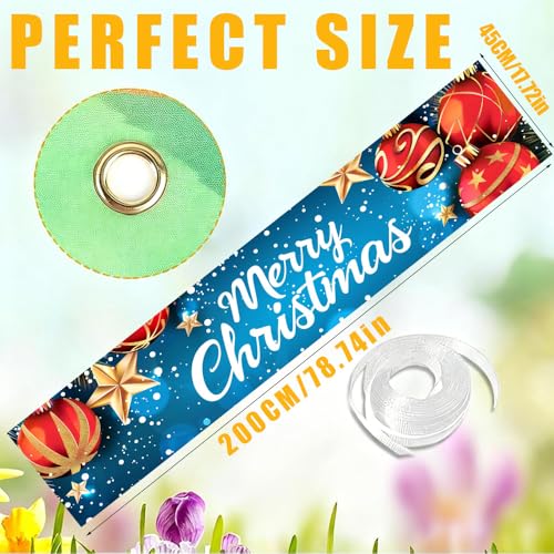 Image of Christmas Ball Ornament Outdoor Banner 78.7 x 17.7 Inch Red and Gold Decoration with Stars Snowflakes and Sparkling Lights Festive Holiday Backdrop for Yard Garden Porch Fence or Patio Display