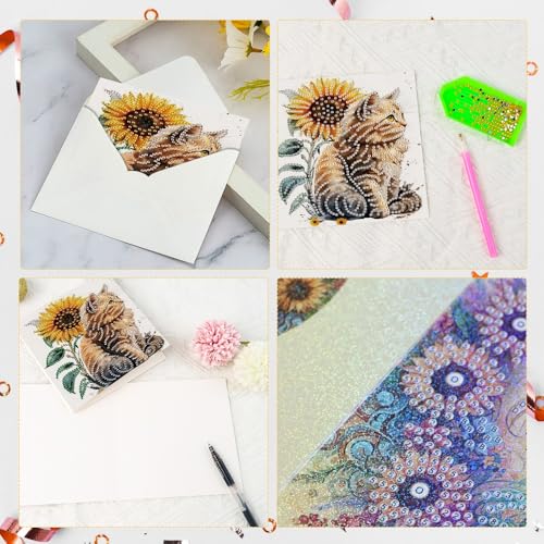 Image of AiYuanzsh 6-Pack 5D Diamond Painting Greeting Cards with Envelopes, Cat Sunflower Pattern DIY Crystal Rhinestone Diamond Art Cards, Laser Effect Postcards for Birthday, Thank You, and Gift Giving