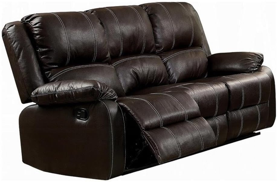 Pemberly Row Manual Recliner Sofa, 3-Seater, Brown Faux Leather, Pillow-Tufted Design, Metal Frame, Pocket Coil Seating, External Latch Reclining, Tight Pillow-Top Armrests, Living Room Comfortable