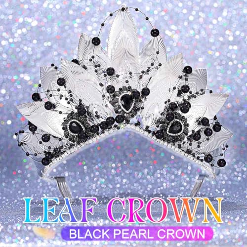 Kilshye Silver Leaf Tiara Black Pearl Goddess Crown Gothic Costume Hair Accessories for Women by Kilshye - Image 2
