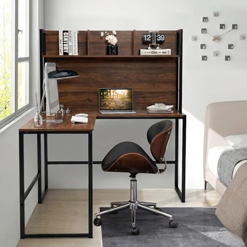 Image of Office Study Table| Reversible L Shaped Corner Workstation Table for Home with Hutch| Computer Desk with Storage Shelves & Bookshelf| Rustic Brown & Black | 140 x 50 x 150 CM