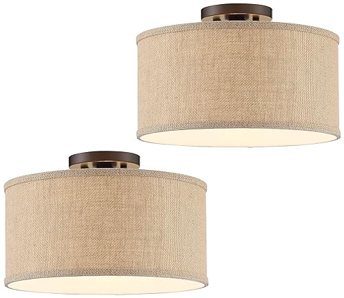360 Lighting Adams Rustic Farmhouse Country Cottage Close to Ceiling Light Semi Flush Mount Fixtures Set of 2 Bronze Burlap Fabric Drum Shade Bedroom Hallway Living Room Dining Room Bathroom