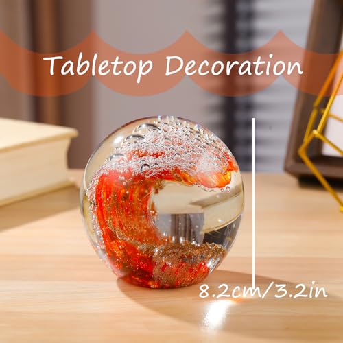 Arikyrist 2.95" Crystal Figurines Ball Ocean Waves Hand Blown Glass Orb Art Paperweight for Decor Sea Lovers Bubble Office Collectible Ornament for Women Surfing (Red with Gold) - Image 2