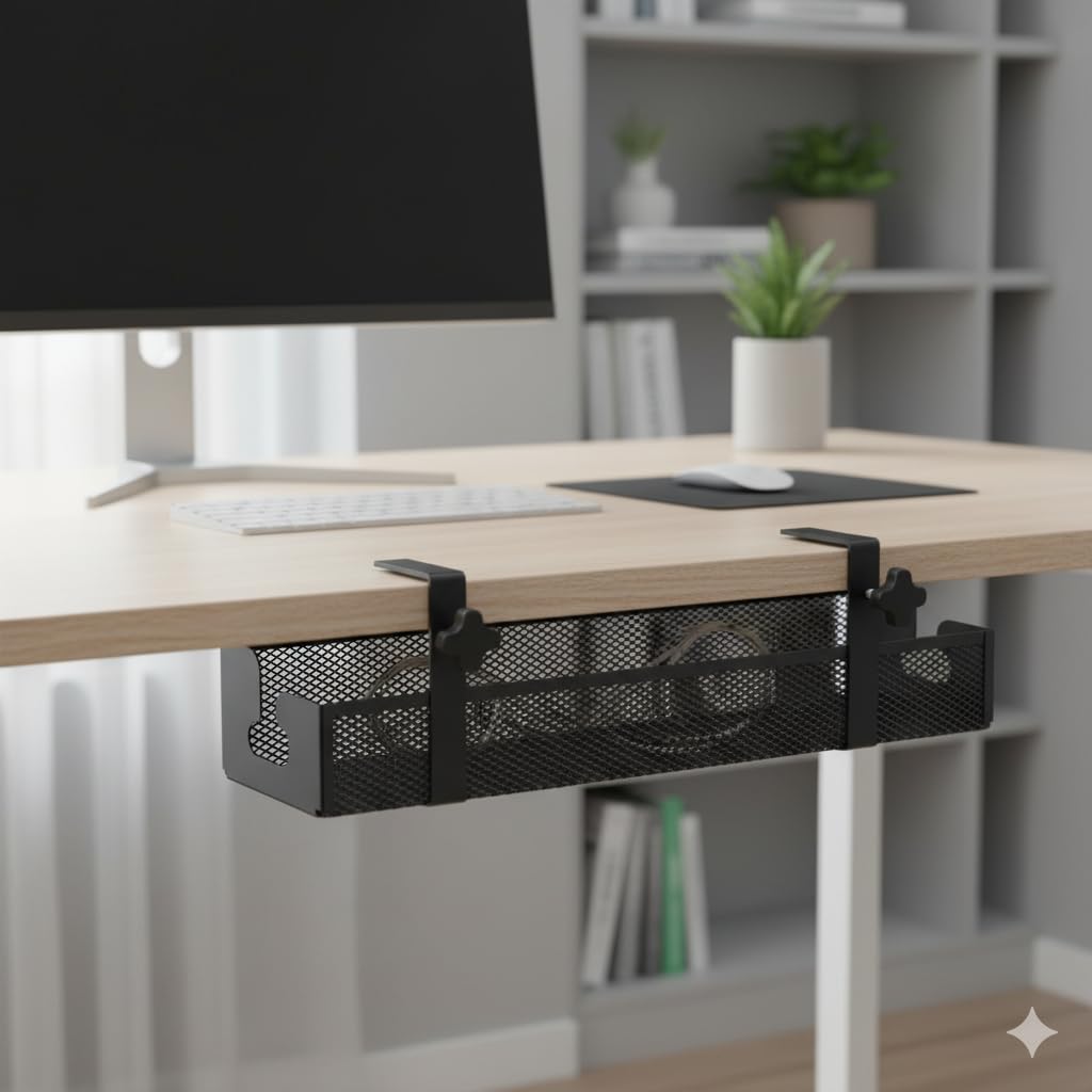 Axtella Adjustable Under Desk Cable Organizer Rack Heavy-Duty Metal Wire Tray with Clamp Mount No-Drill Design, Space-Saving & Rust-Resistant Holder for Power Cords, Extensions & Cables 4