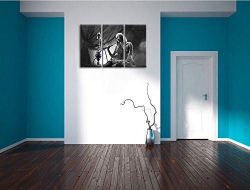 Frau mit Shisha schwarz/weiß auf 3-Teiler Leinwandbild 120x80 Bild auf Leinwand, XXL riesige Bilder fertig gerahmt mit… – Bild 6