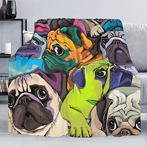 Dujiea Colorful Pug Dogs Funny Puppy Flannel Fleece Throw Blanket 50"X60", Living Room/Bedroom/Sofa Couch Warm Soft Bed Blanket For Girls Boys Adults All Season Ultra Soft #TOP2