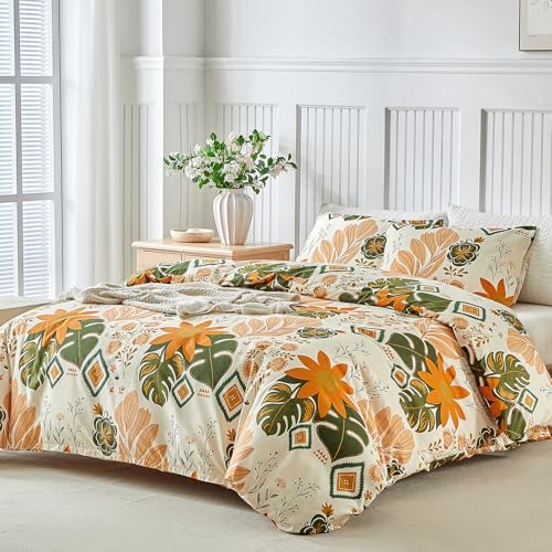 Image of Lekesky Queen Size Reversible Duvet Cover, Duvet Cover Queen Size 3 Piece Baroque Microfiber Botanical Bedding Set with Zipper Closure 8 Corner Ties
