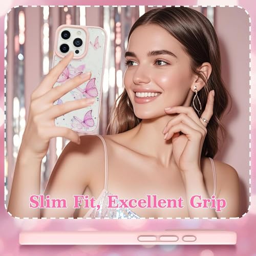 Image of VONZEE for iPhone 15 Pro Max Clear Glitter Butterfly Case, Cute Bling Sparkle Shiny Soft TPU Bumper Shockproof Women Girls Slim Protective Phone Cover for iPhone 15 Pro Max 6.7 inch,Pink