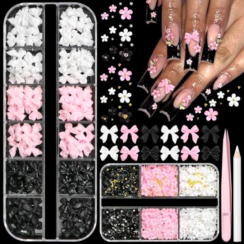 BELICEY 2 Boxes 3D Nail Charms Set Black Pink White
