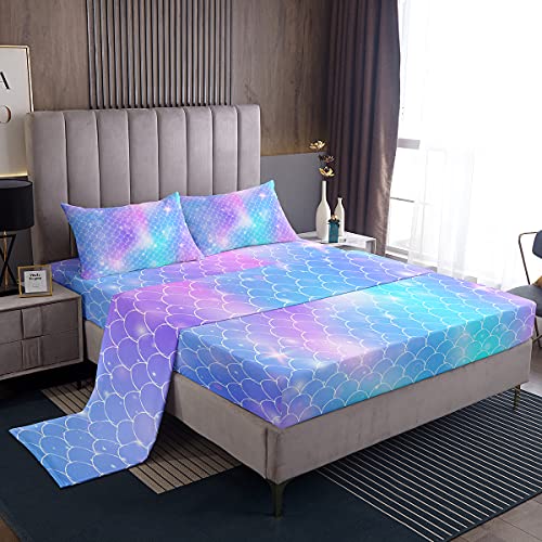 Loussiesd Mermaid Scale Sheet Set King Size Kids Fish Scales Bedding Set Princess Style Glitter Ocean Marine Bed Sheet Set for Girls Children Teens Sheets Luxury Fanstry 4 Piece