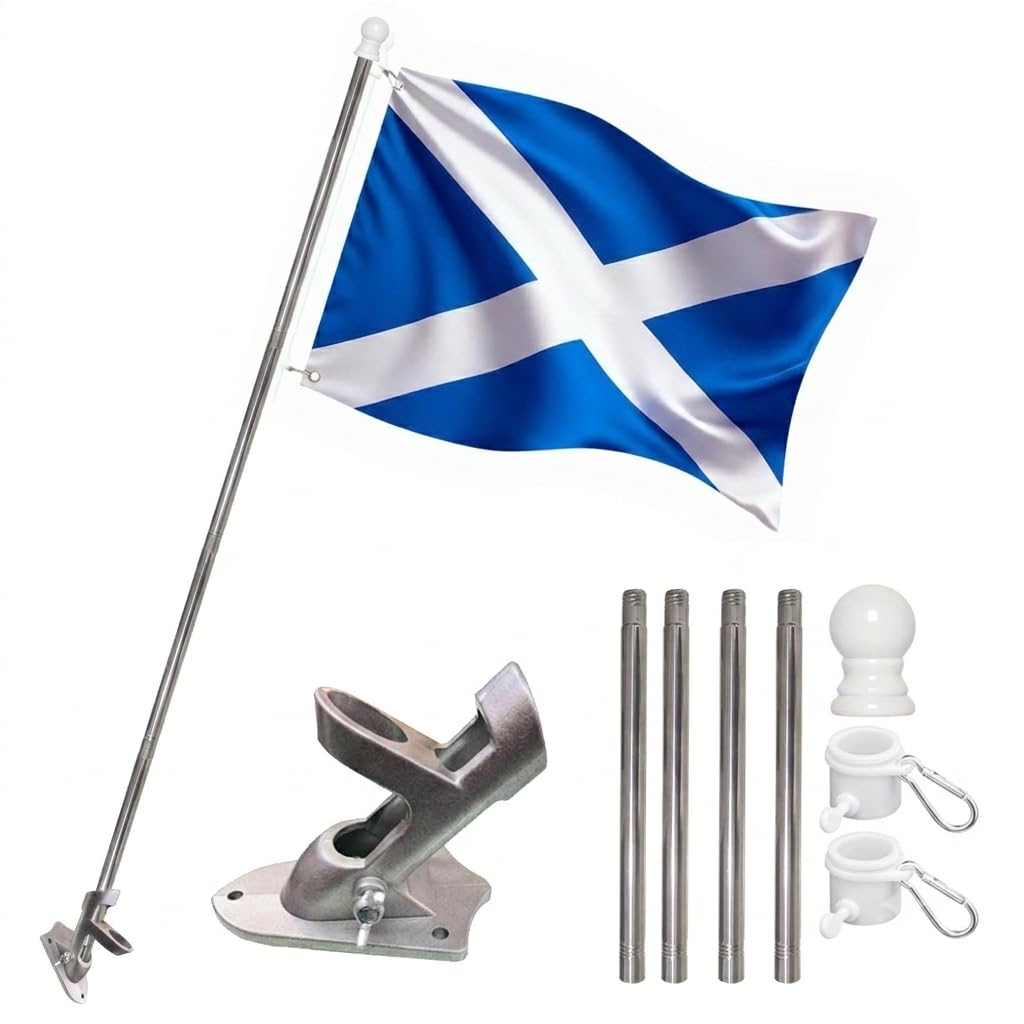 Scotland Flag and Pole 5ft x 3ft, Large Scottish Flag with Brass Grommets, Durable Saltire Banner for Parade, Garden, Home & Patriotic Events (Flags + 5FT Silver FlagPole + Mounting Bracket)