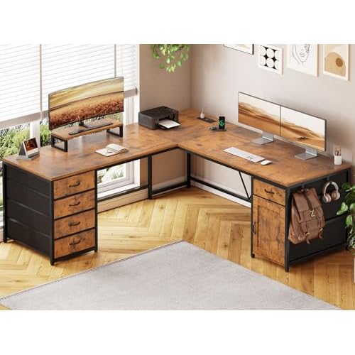 SEDETA L Shaped Desk, 63" Computer Desk with 5 Drawer & Power Outlet, Long Home Office Desk or Corner Desk, L Shaped Corner Desk with Monitor Shelf, S