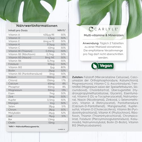 Multivitamin Tabletten Hochdosiert mit 28 Vitamine & Mineralien | 365 Vegane Stk | Immunsystem & Blutdruck (EFSA) | Nahrungsergänzungsmittel Frauen & Männer | Mineralstoffe Komplex | von Carlyle