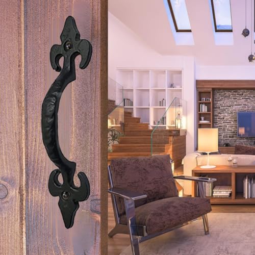 Image of 2-Pack 8 Inch Fleur Arc Barn Door Handle - Black Cast Iron Pull for Sliding Doors, Gates, Sheds, Fences, Closets - Indoor Outdoor Farmhouse Hardware