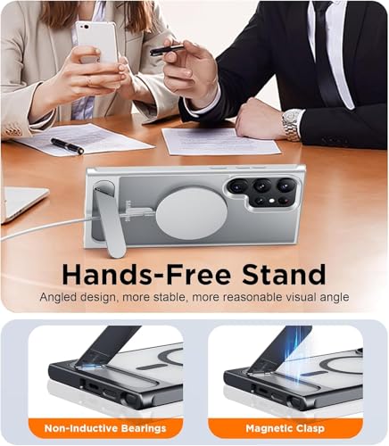 Image of Elzzi Magnetic Cover Compatible For Samsung S25 Ultra 5g Case with Adjustable Metal Kickstand, Compatible with Mag-Safe Translucent Matte Protective Phone Shockproof Case, Natural Titanium