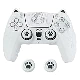 PS5 コントローラー用保護カバー、猫耳シリコンケース 滑り止め 汗防止 防塵 ステッカー＆ロッカーキャップ付 (White)