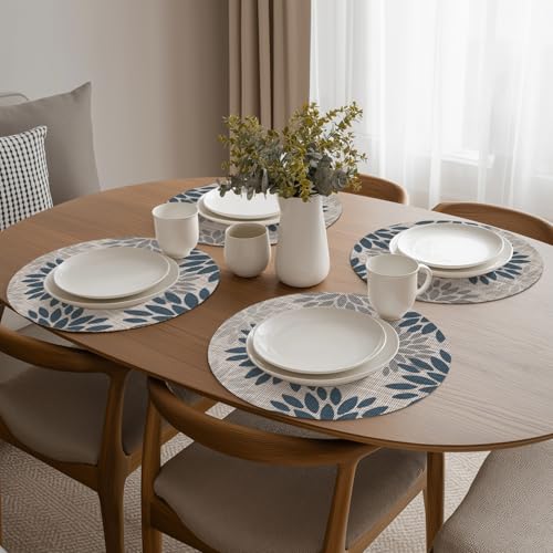 Artoid Mode Navy Dahlia Plastic Round Placemats Set of 4, 14 Inch Seasonal Wipeable Woven Vinyl Table Mats for Farmhouse Party Kitchen Dining Decor by Artoid Mode - Used condition - Image 5