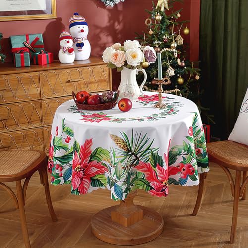 auons Christmas Tablecloth Round 60 Inch, Holly Leaves Berry White Washable Table Cloths Christmas Decorations - Image 2