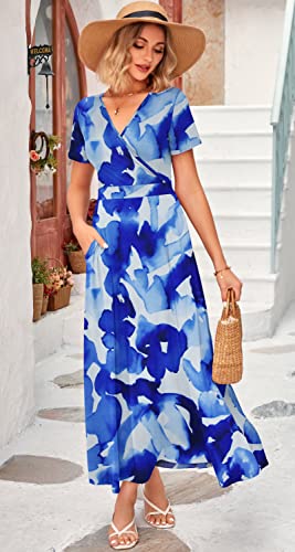 Image of WNEEDU Women's Summer Maxi Dress Short Sleeves Wrap V Neck Long Dresses with Pockets