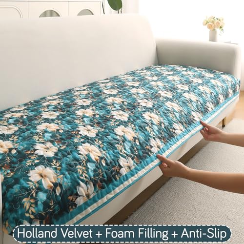Image of HOKIPO 'Florentina Series' L Shape (3+3 Seater) Sofa Cover Seat Mat | Premium Multi-Needle Quilted Holland Velvet Sofa Mat + Foam Filling + Anti-Slip Backing, Pansies Teal (IN-882-V5*2)