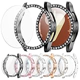 XINGHAO 6+6 Pack Bling Case for Samsung Galaxy Watch 7 40mm Screen Protector, Sparkling Rhinestone Hard PC Case + HD Anti-Fog Tempered Glass Film, Waterproof Face Cover Set for Galaxy Watch 7 40mm